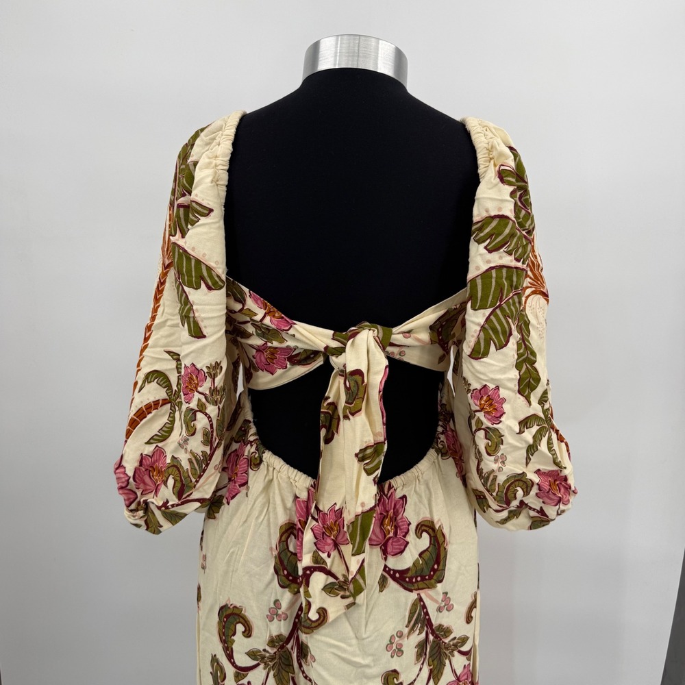 Farm Rio Tropical Floral Palm Tree Puff Sleeve Maxi Dress Cream Pink Green Small - Picture 9 of 16